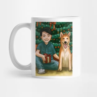 A boy and his Shiba Inu dog on Christmas morning Mug